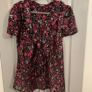 Red floral print blouse with ruffle front